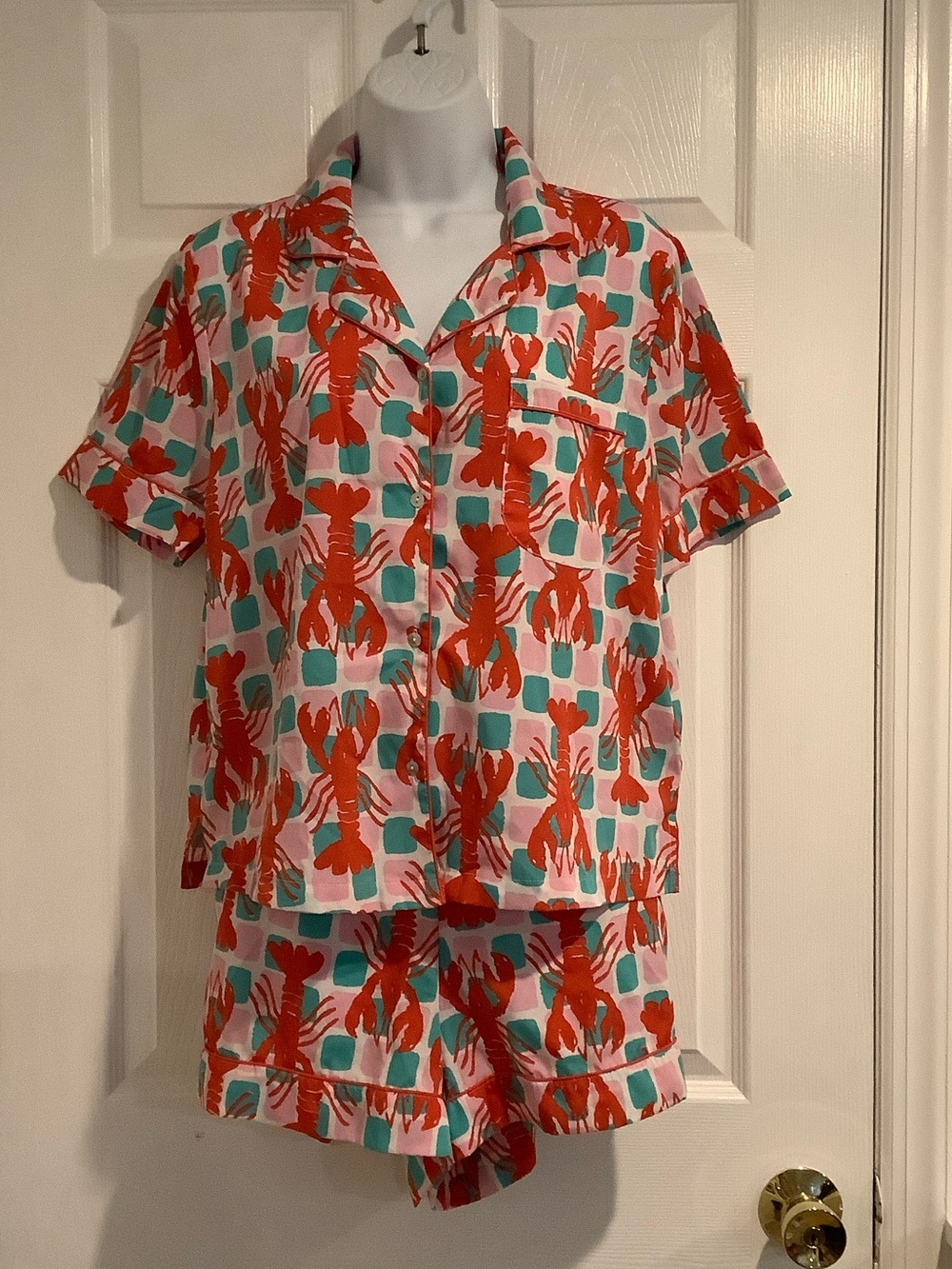 BOUFFANTS & BROKEN HEARTS 2pc Satin Pink/Turquoise Lobster Shorts Set Pajamas ML